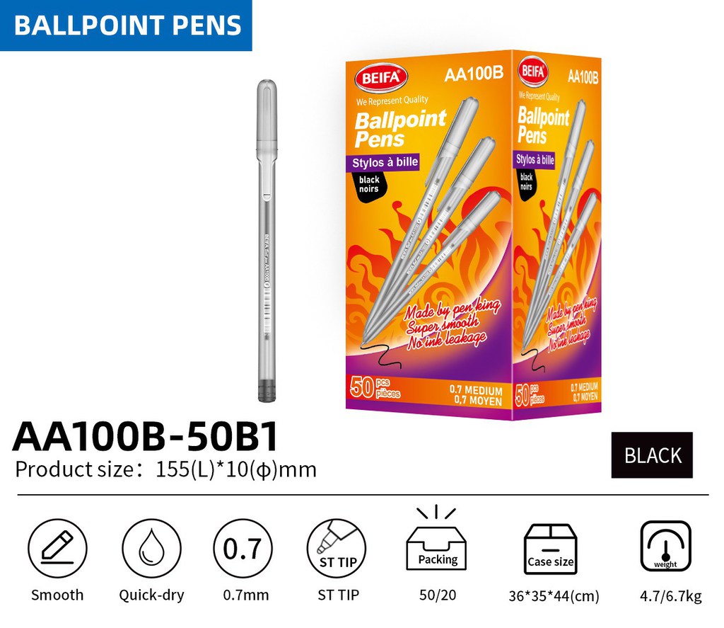 BEIFA AA100B 0.7mm Black Ballpoint Pens | Super Smooth & No Leakage | Mix Bulk Wholesale