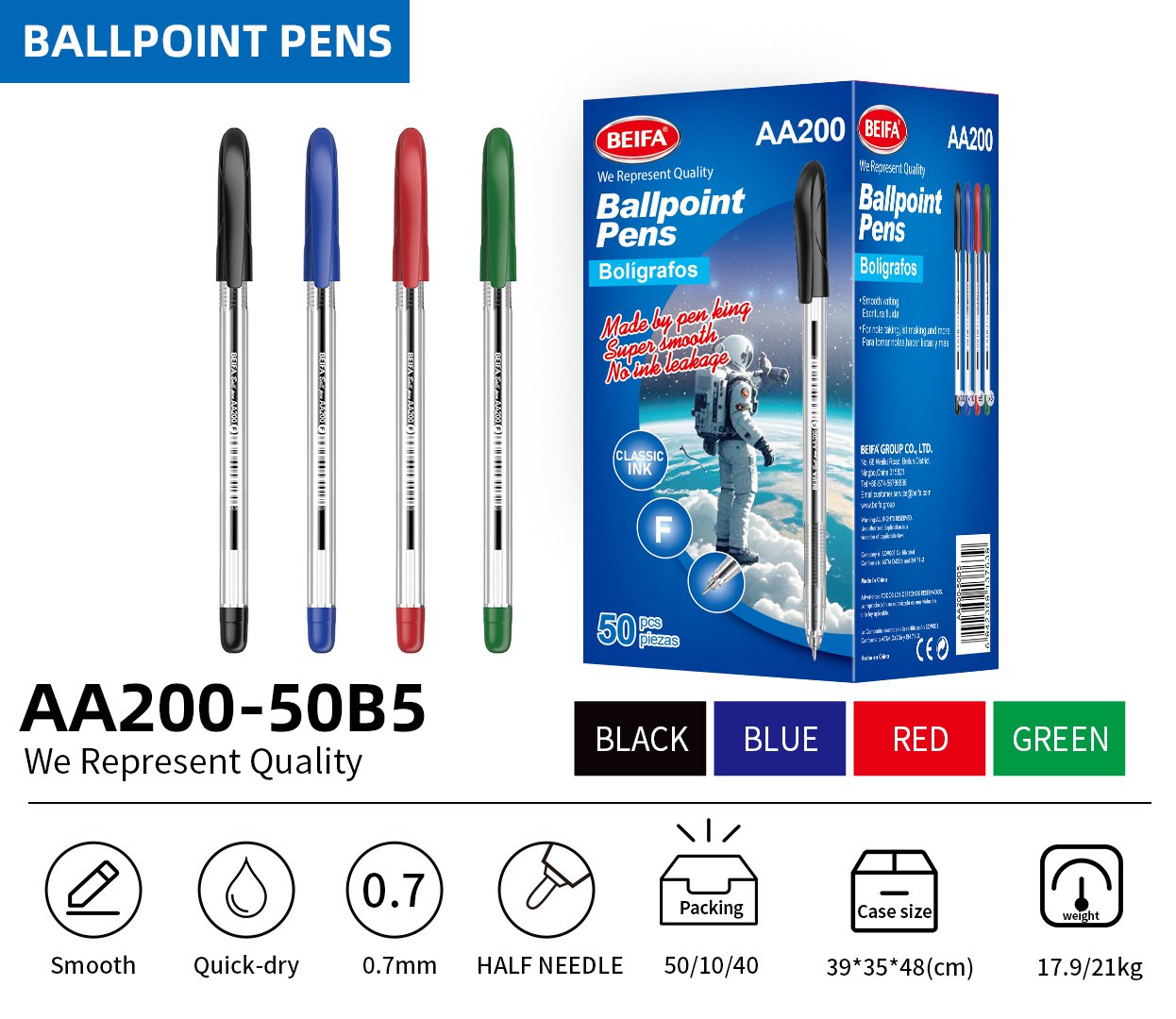 BEIFA AA200 0.7mm Ballpoint Pens | Assorted Colors | Super Smooth | Mix Bulk Wholesale
