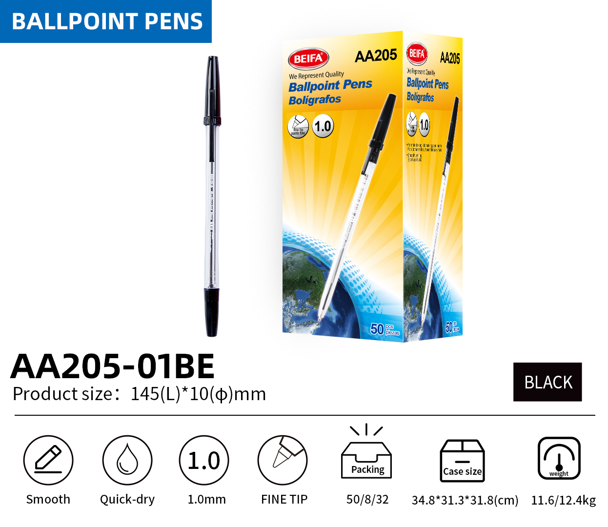BEIFA AA205 1.0mm Black Ballpoint Pens | Smooth & Quick-Dry | Mix Bulk Wholesale