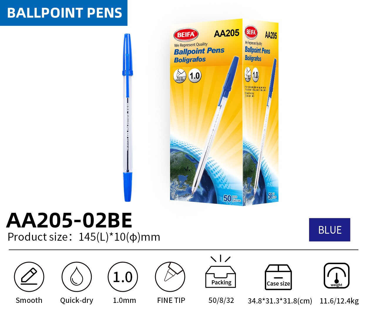BEIFA AA205 1.0mm Black Ballpoint Pens | Smooth & Quick-Dry | Mix Bulk Wholesale