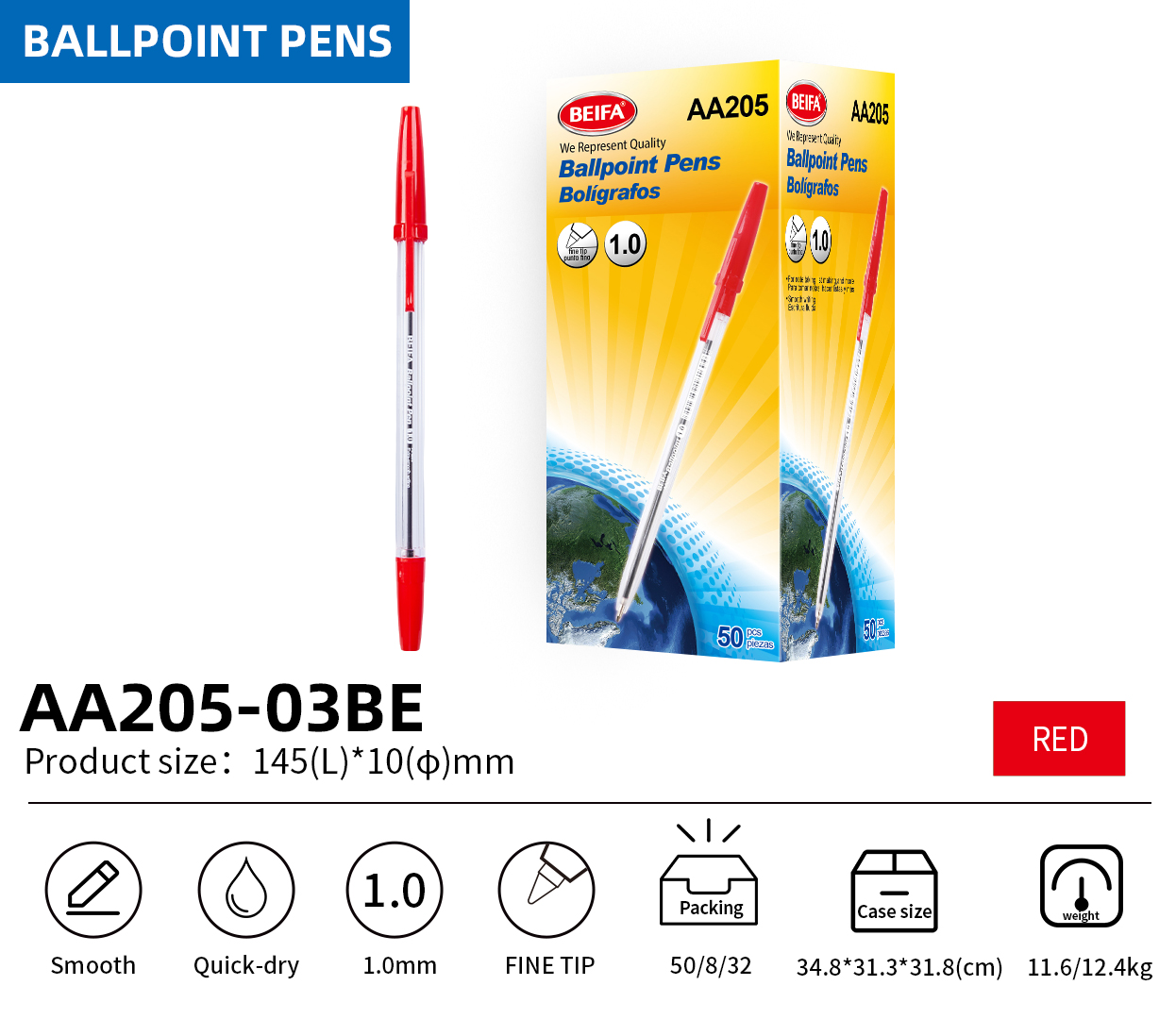 BEIFA AA205 1.0mm Black Ballpoint Pens | Smooth & Quick-Dry | Mix Bulk Wholesale
