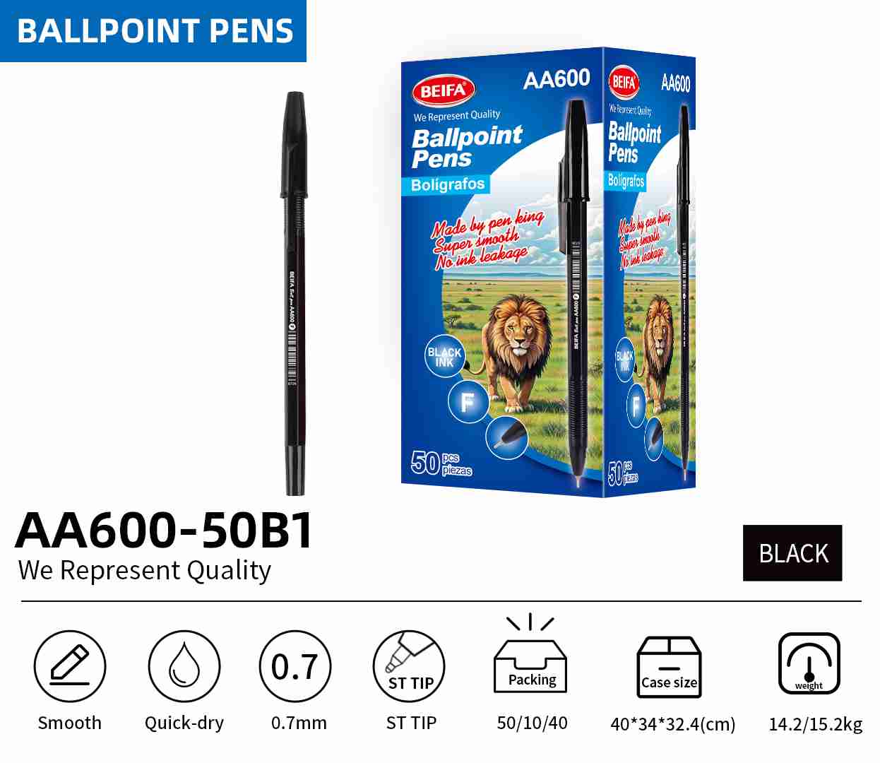 BEIFA AA600 0.7mm Black Ballpoint Pens | Smooth & Quick-Dry | Mix Bulk Wholesale