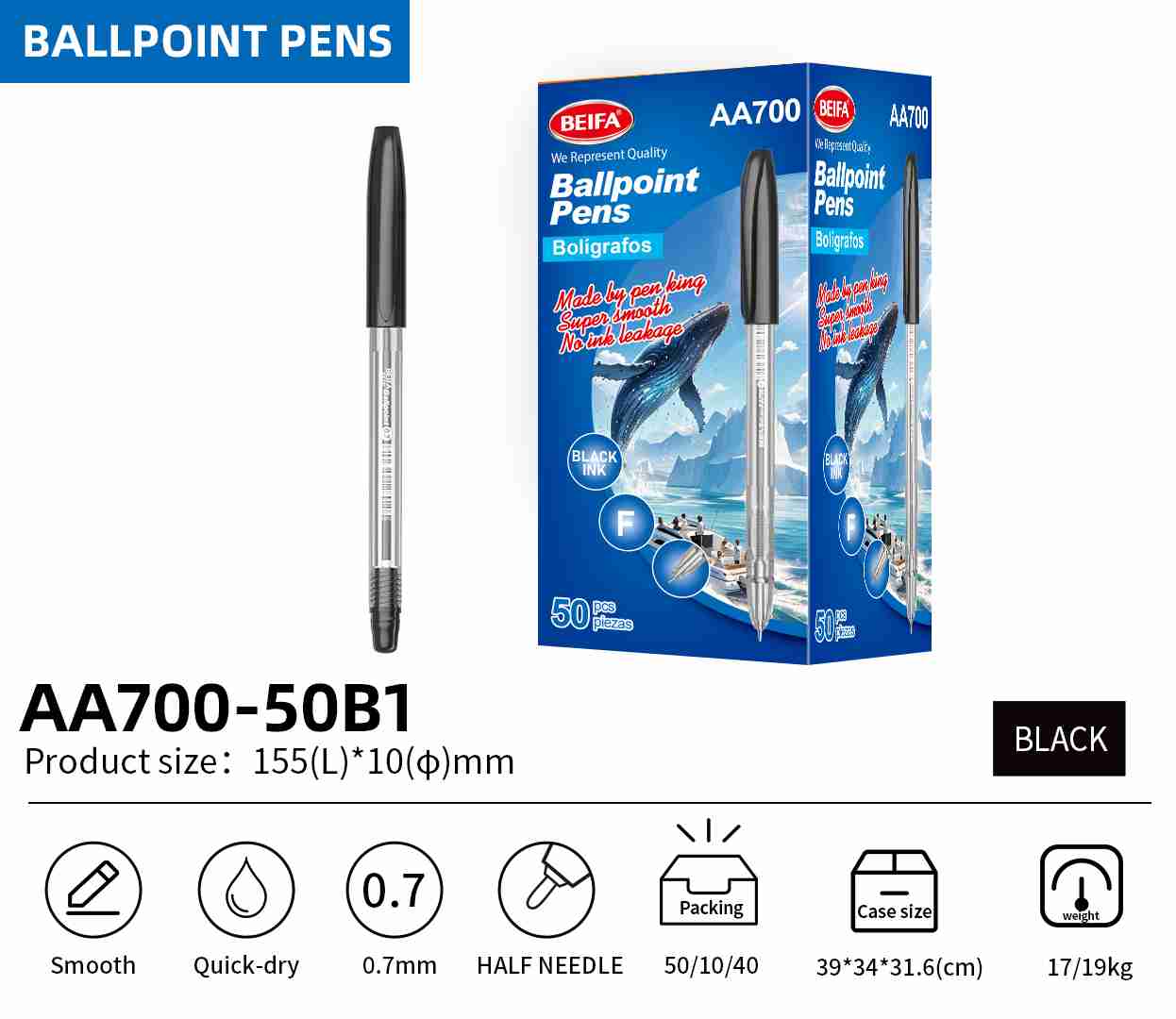 BEIFA AA700 0.7mm Black Ballpoint Pens | Super Smooth & No Leakage | Mix Bulk Wholesale