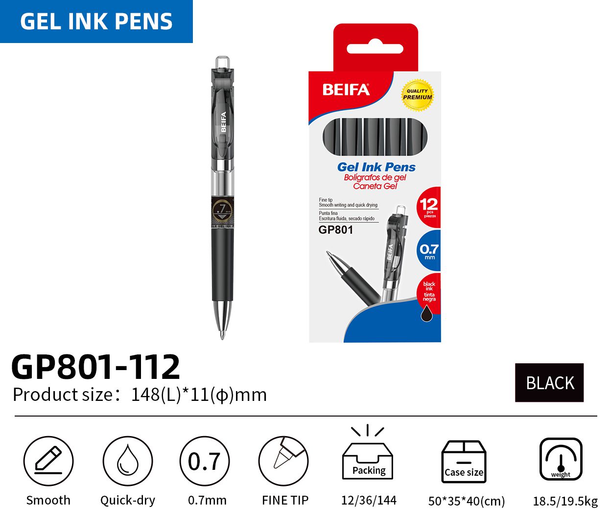 BEIFA GP801 0.7mm Black Gel Ink Pens | Smooth & Quick-Dry | Mix Bulk Wholesale