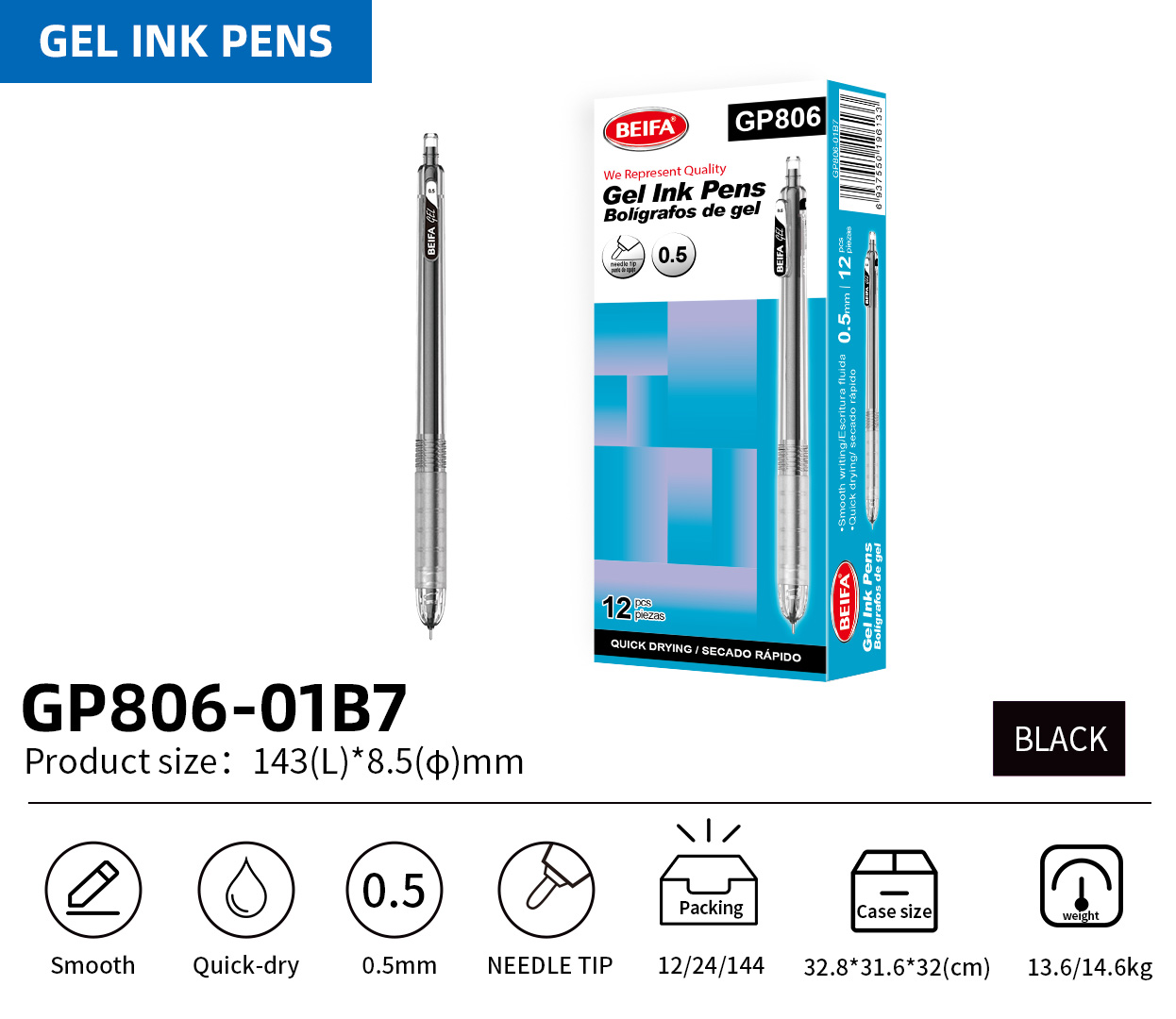 BEIFA GP806 0.5mm Gel Ink Pens | Smooth, Quick-Dry & Needle Tip | Mix Bulk Wholesale