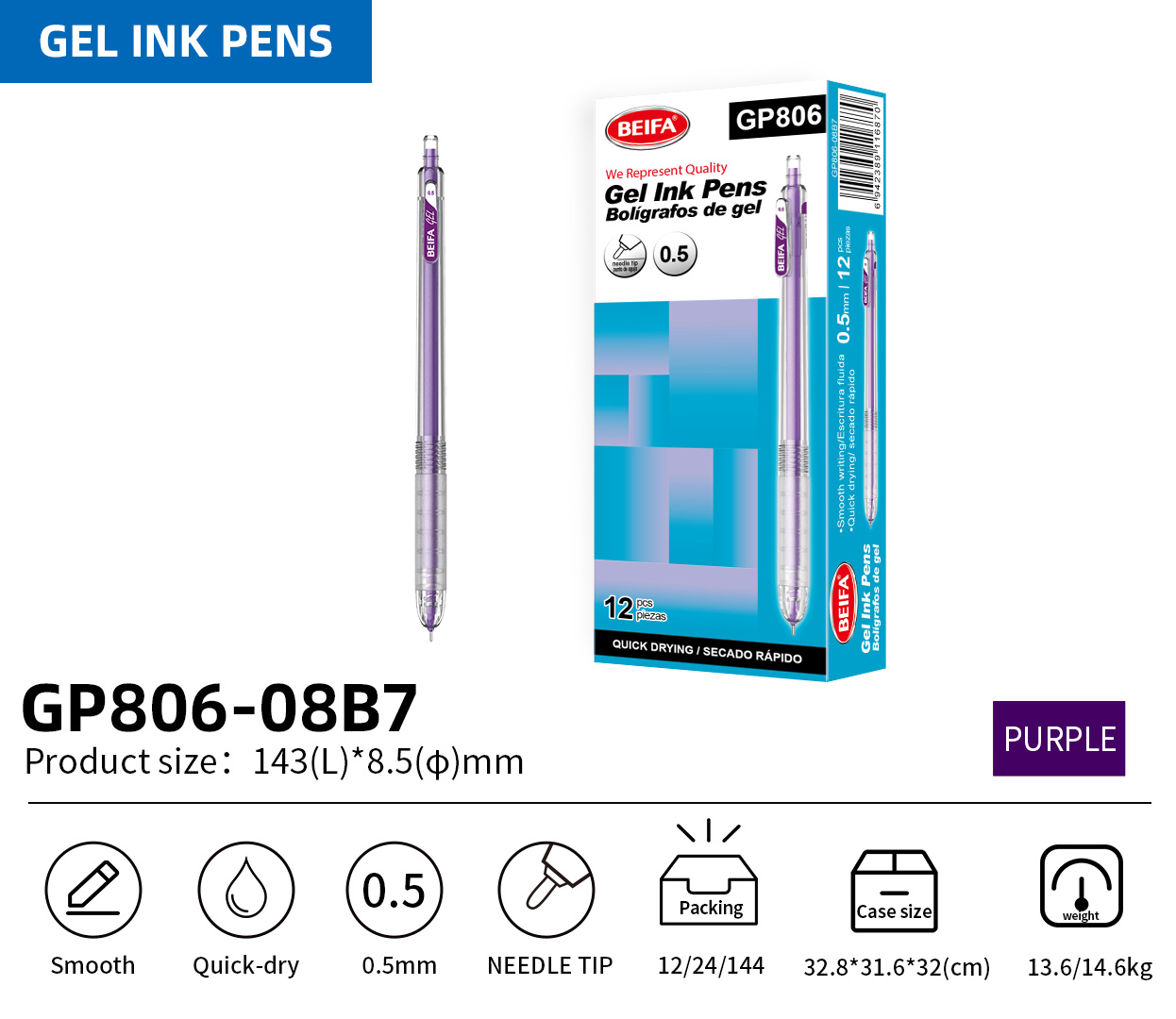 BEIFA GP806 0.5mm Gel Ink Pens | Smooth, Quick-Dry & Needle Tip | Mix Bulk Wholesale