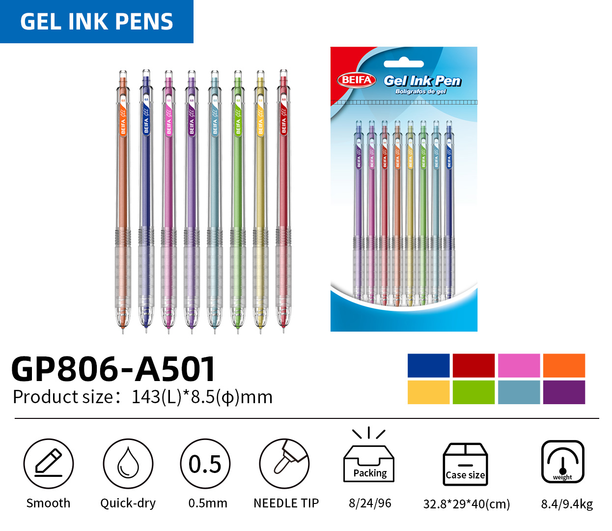 BEIFA GP806 0.5mm Gel Ink Pens | Smooth, Quick-Dry & Needle Tip | Mix Bulk Wholesale