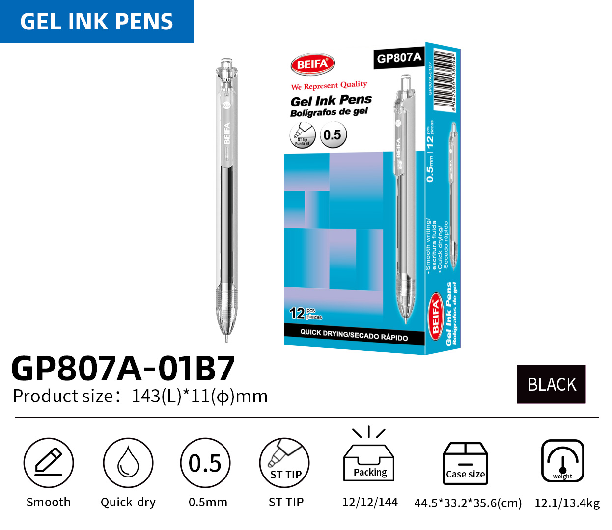 BEIFA GP807A 0.5mm Gel Ink Pen | Smooth Writing & Quick-Dry | Mix Bulk Wholesale
