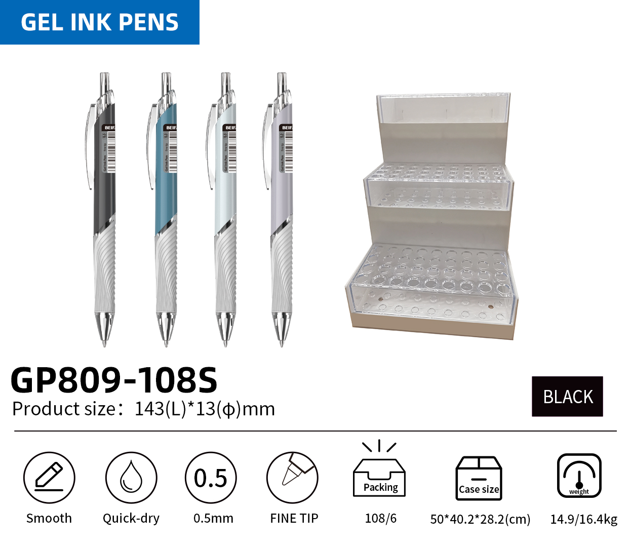 BEIFA GP809-108S 0.5mm Gel Ink Pen | Smooth, Quick-Dry & Fine Tip | Mix Bulk Wholesale