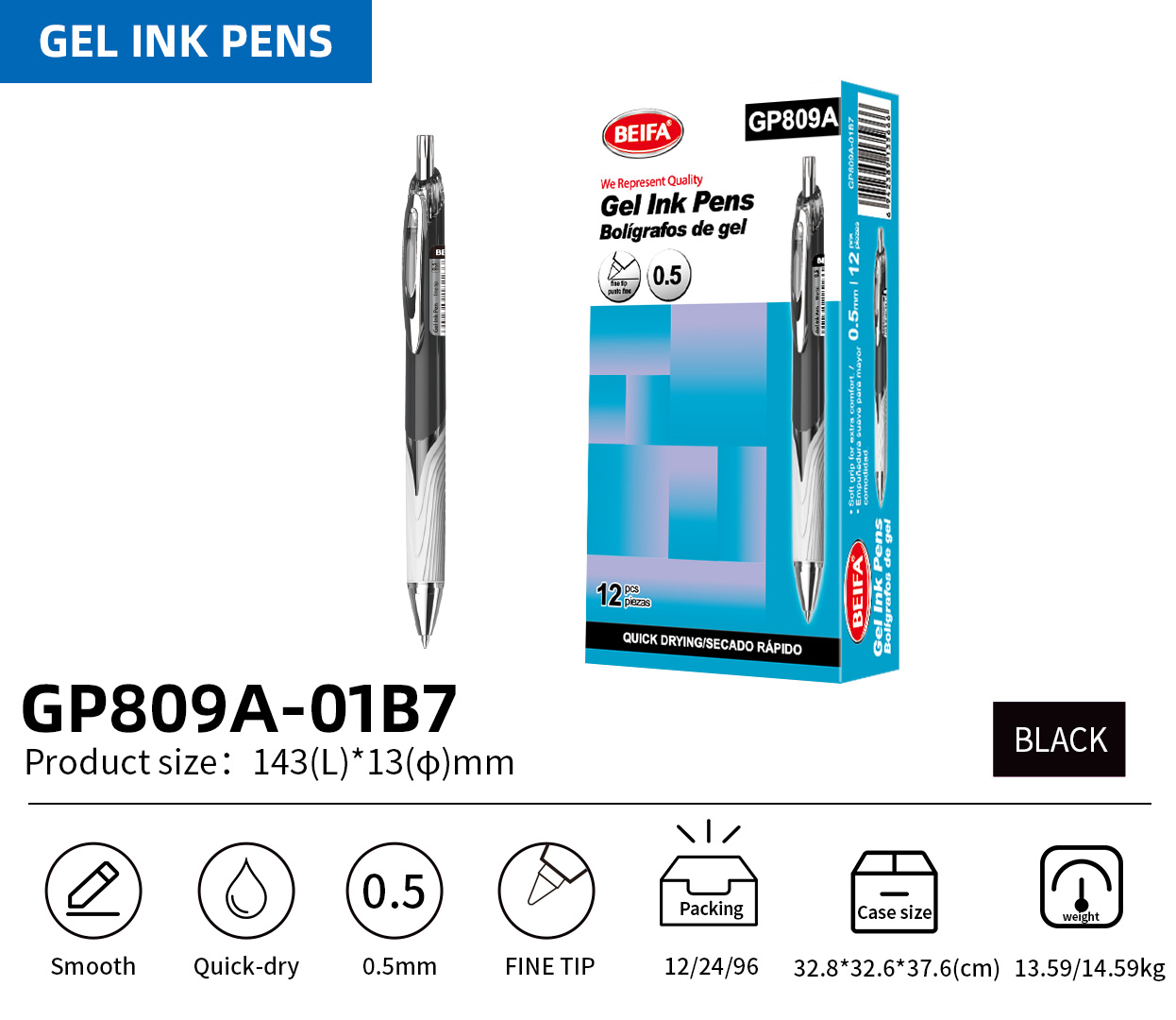 BEIFA GP809-108S 0.5mm Gel Ink Pen | Smooth, Quick-Dry & Fine Tip | Mix Bulk Wholesale