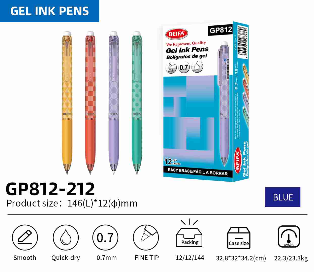 BEIFA GP812 0.5mm/0.7mm Erasable Gel Ink Pen | Smooth, Quick-Dry & Fine Tip | Mix Bulk Wholesale