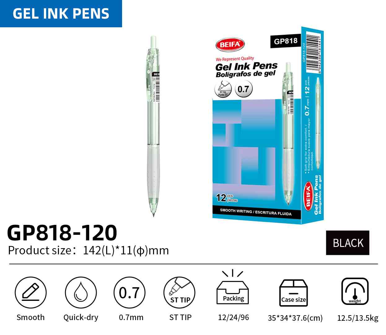 BEIFA GP818 0.5mm Gel Ink Pen | Smooth, Quick-Dry & ST Tip | Mix Bulk Wholesale