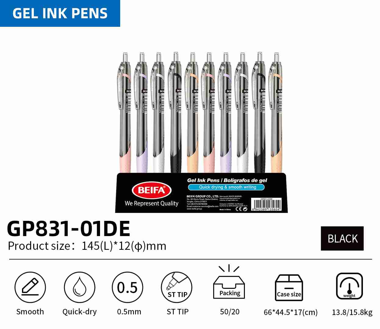 BEIFA GP831 0.5mm Gel Ink Pen | Smooth, Quick-Dry, Ergonomic Grip | Mix Bulk
