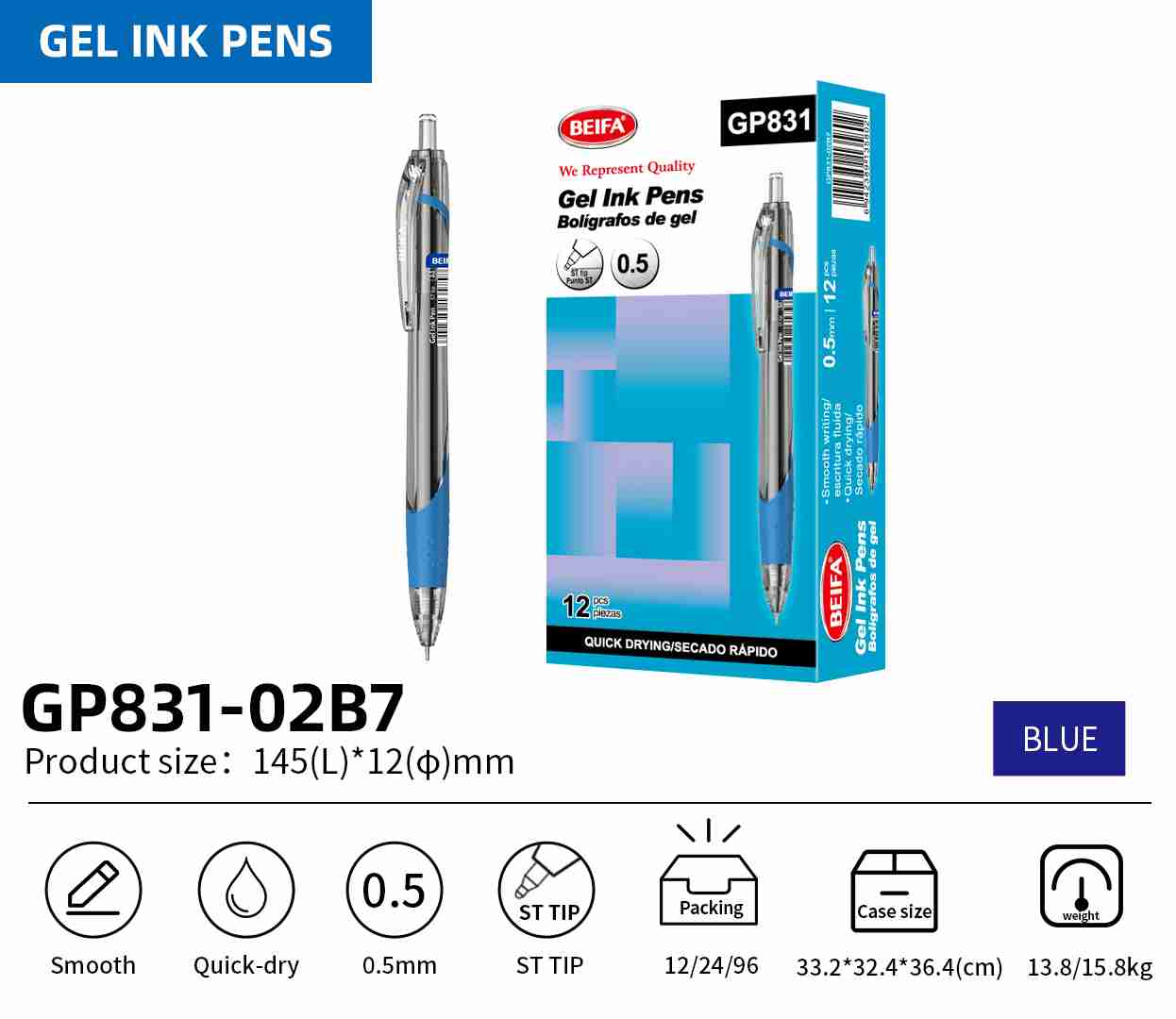 BEIFA GP831 0.5mm Gel Ink Pen | Smooth, Quick-Dry, Ergonomic Grip | Mix Bulk