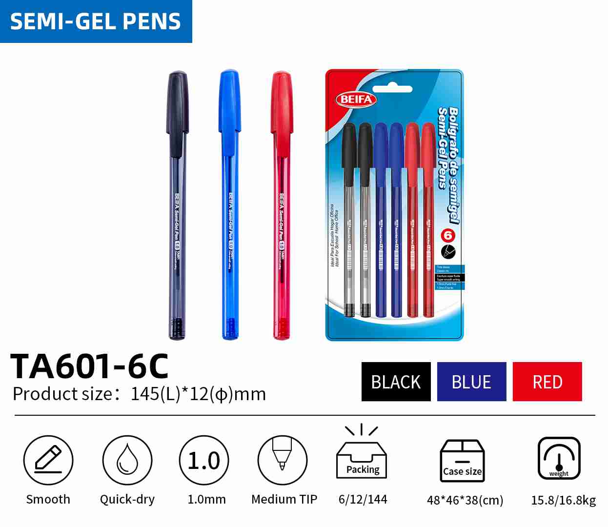 BEIFA TA601 1.0mm Semi-Gel Pen | Smooth Writing & Quick-Dry | Mix Bulk Wholesale