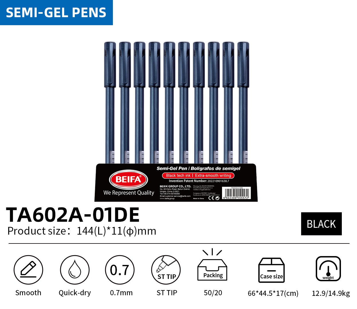 BEIFA TA602A 0.7mm Blue Semi-Gel Pens | Smooth & Quick-Dry | Mix Bulk Wholesale