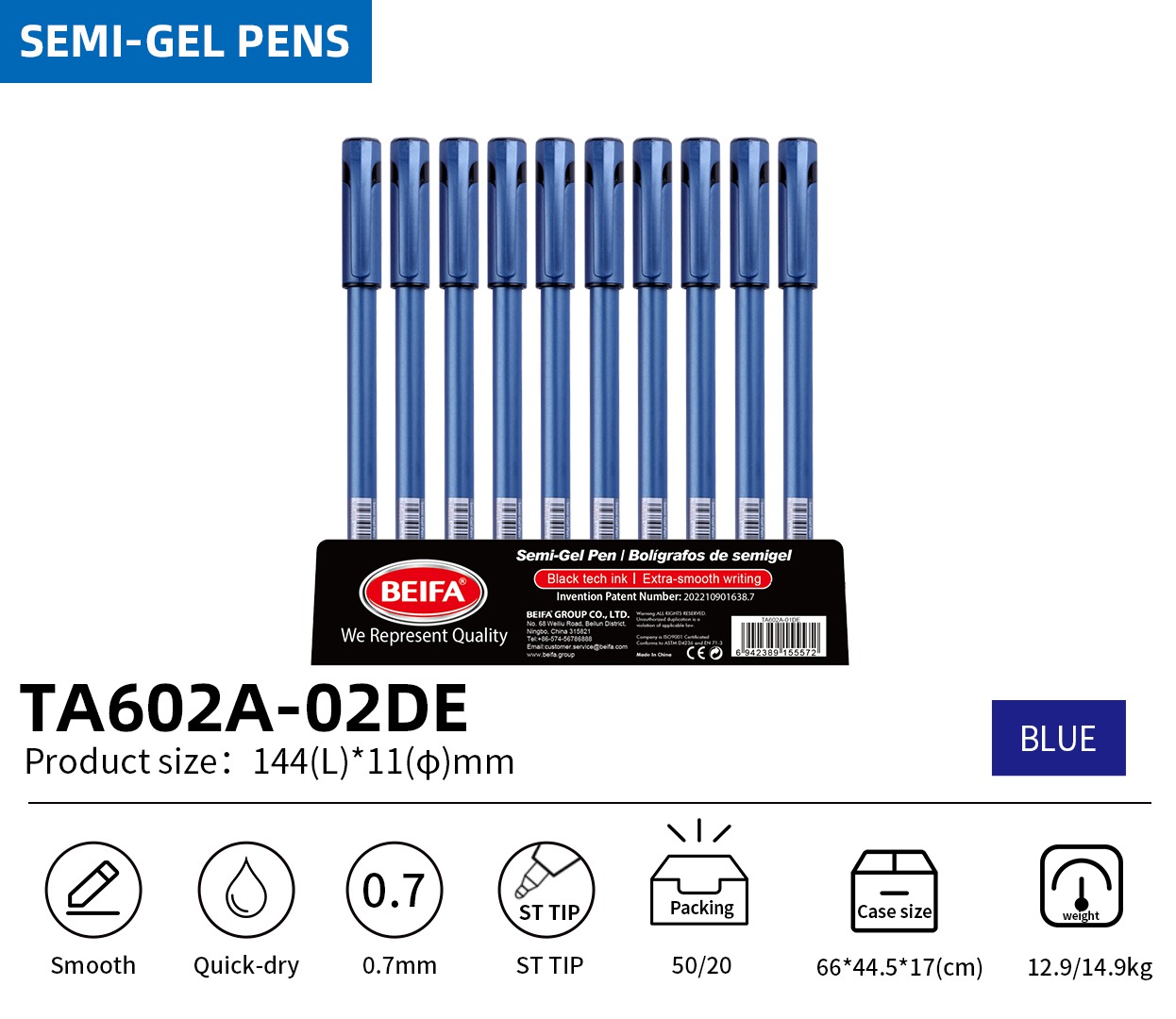BEIFA TA602A 0.7mm Blue Semi-Gel Pens | Smooth & Quick-Dry | Mix Bulk Wholesale