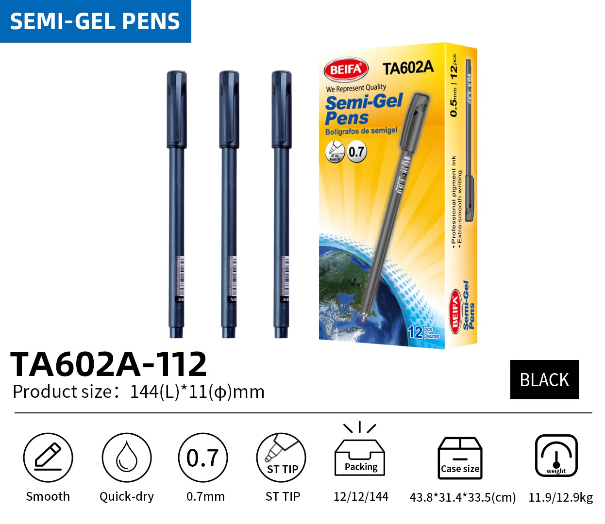 BEIFA TA602A 0.7mm Blue Semi-Gel Pens | Smooth & Quick-Dry | Mix Bulk Wholesale