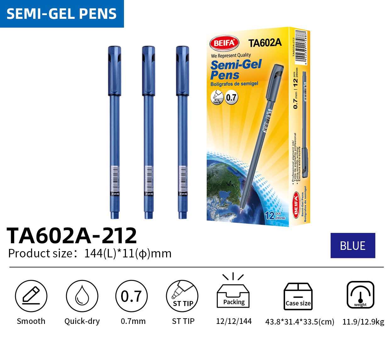 BEIFA TA602A 0.7mm Blue Semi-Gel Pens | Smooth & Quick-Dry | Mix Bulk Wholesale