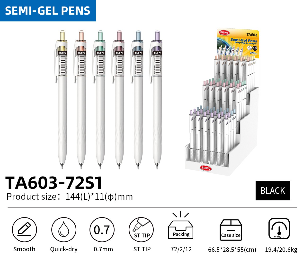 BEIFA TA603 0.7mm Black Semi-Gel Pens | Smooth & Quick-Dry | Mix Bulk Wholesale