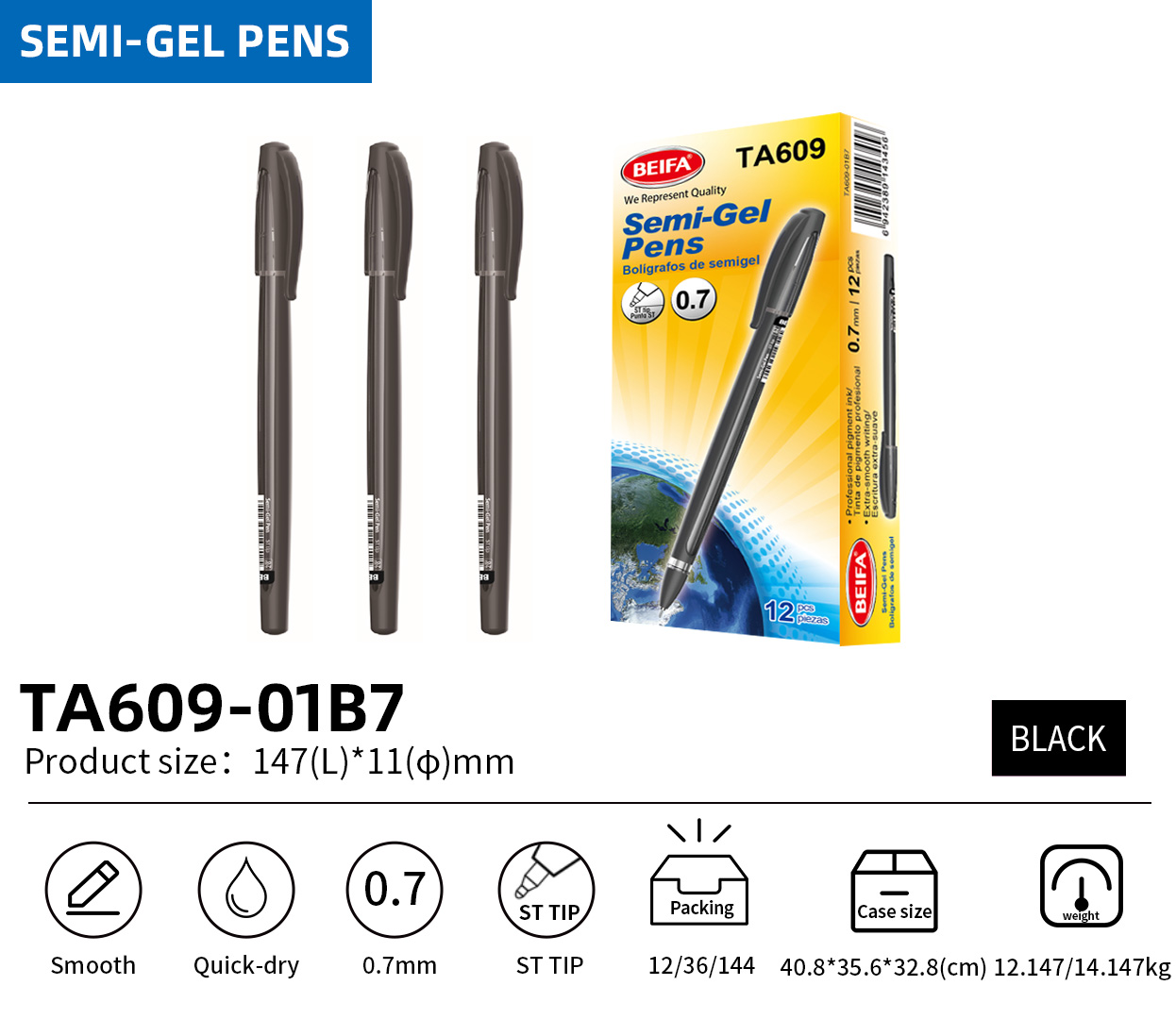 BEIFA TA609 0.7mm Semi-Gel Pen | Smooth Writing & Quick-Dry | Mix Bulk Wholesale