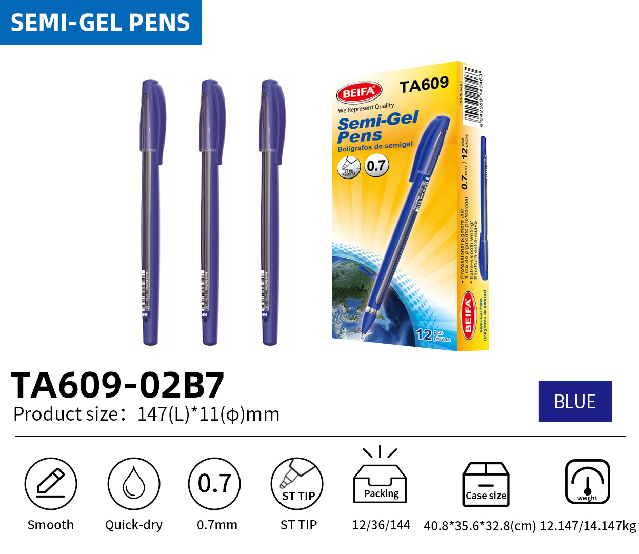 BEIFA TA609 0.7mm Semi-Gel Pen | Smooth Writing & Quick-Dry | Mix Bulk Wholesale