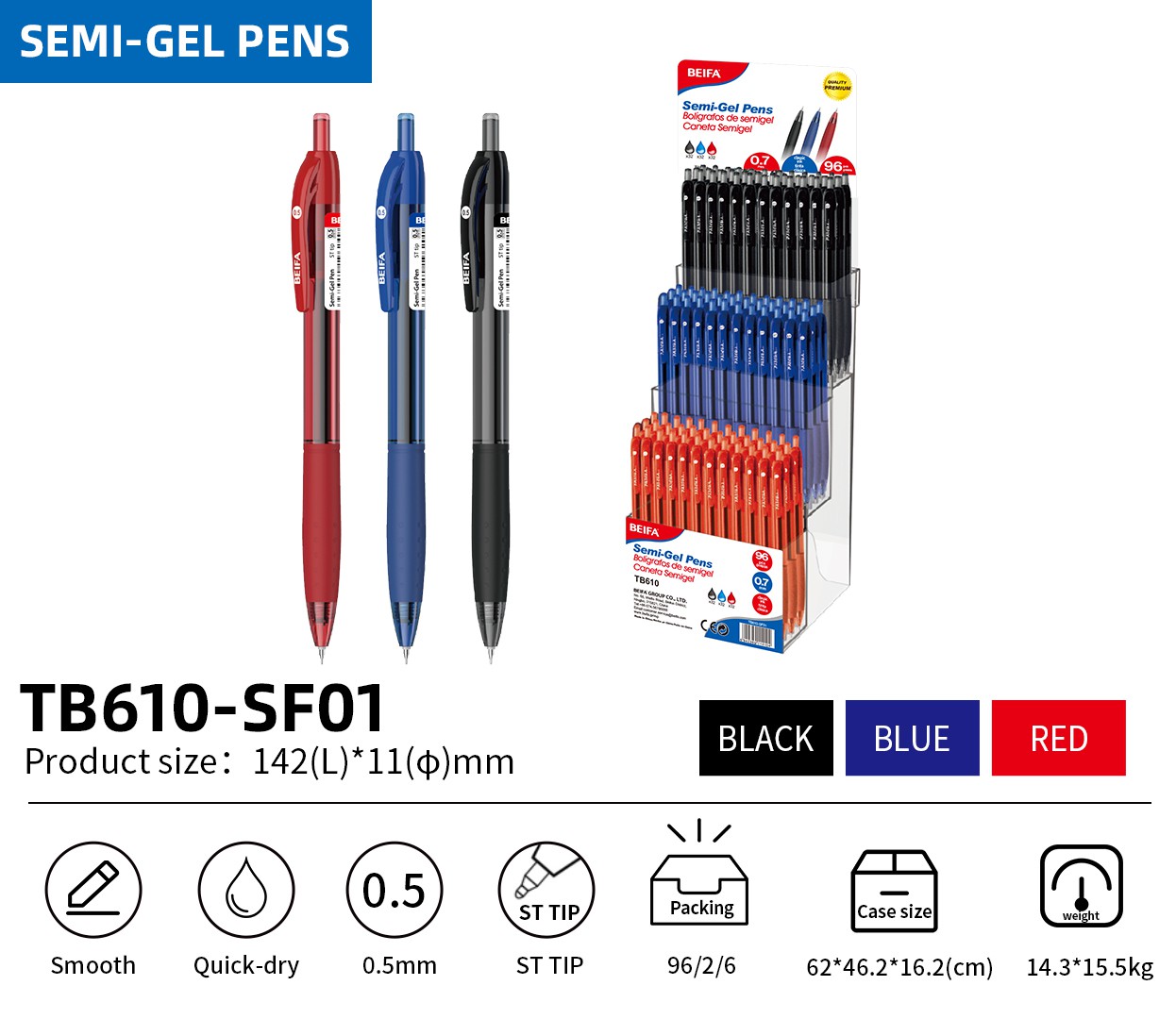 BEIFA TB610 0.5mm/0.7mm Semi-Gel Pen | Smooth Writing & Quick-Dry | Mix Bulk Wholesale