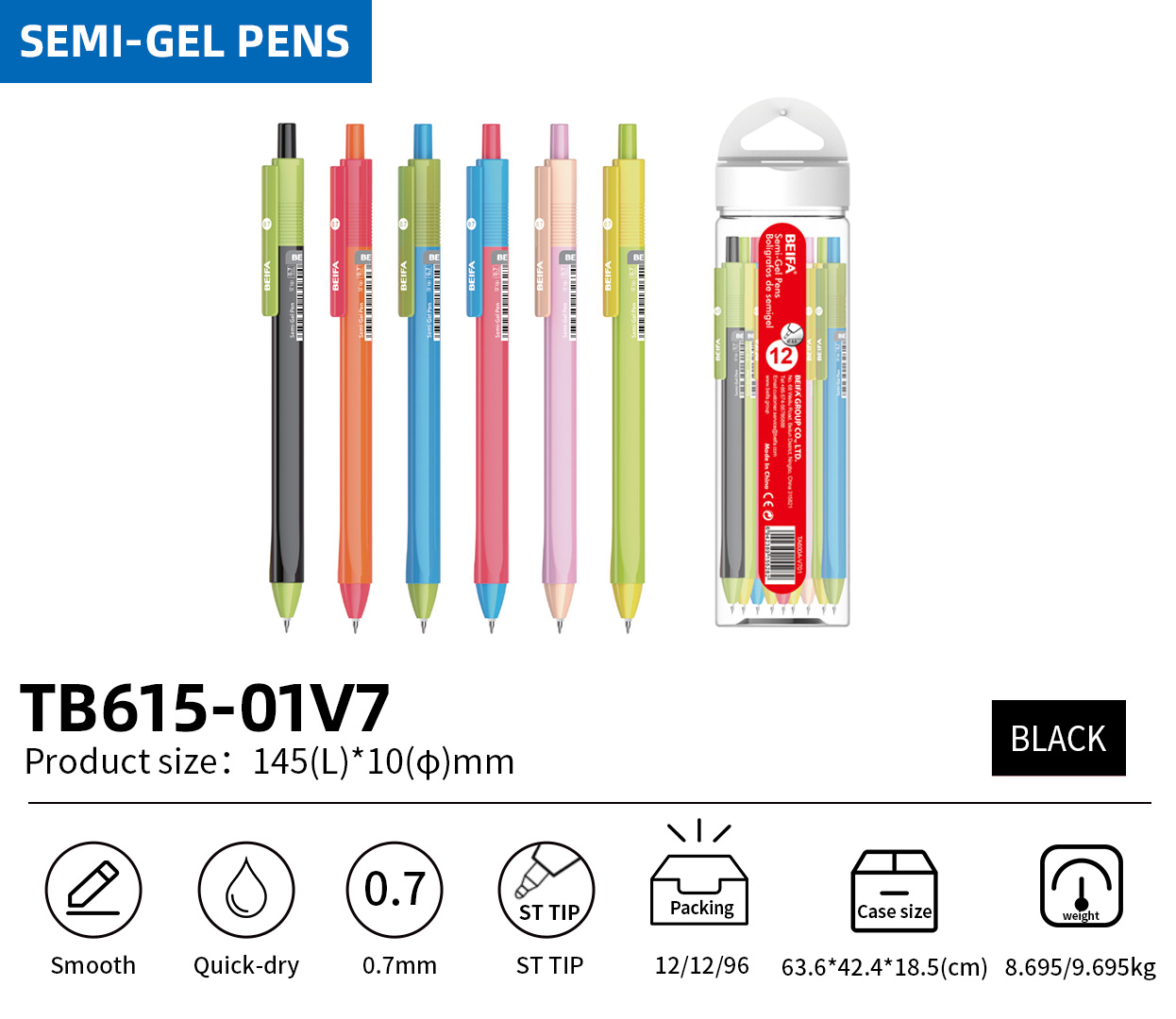 BEIFA TB615 0.7mm Semi-Gel Pen | Colorful Design & Smooth Writing | Mix Bulk Wholesale