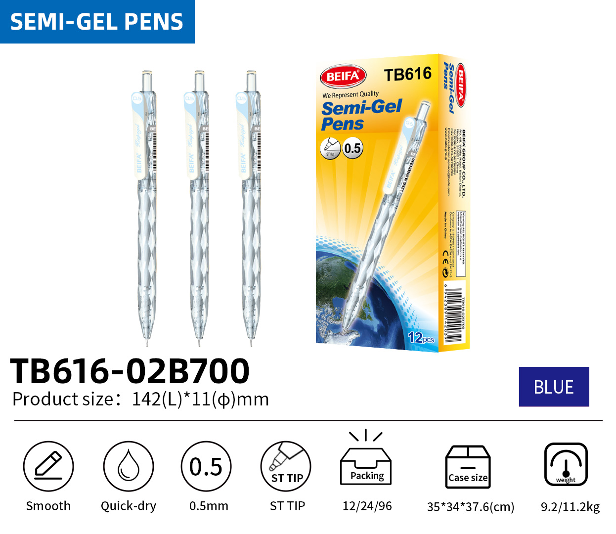 BEIFA TB616 0.5mm/0.7mm Semi-Gel Pen | Smooth Writing & Quick-Dry | Mix Bulk Wholesale