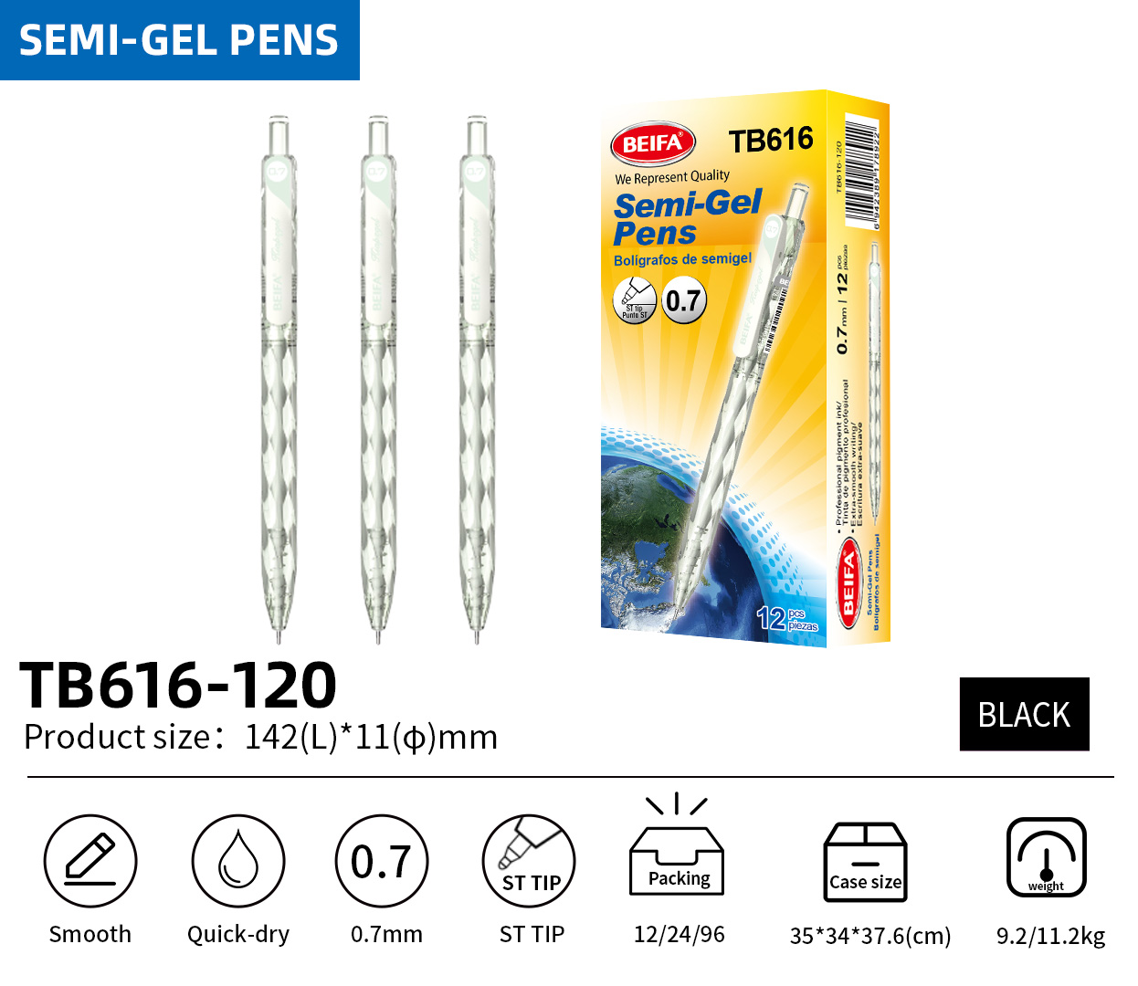 BEIFA TB616 0.5mm/0.7mm Semi-Gel Pen | Smooth Writing & Quick-Dry | Mix Bulk Wholesale