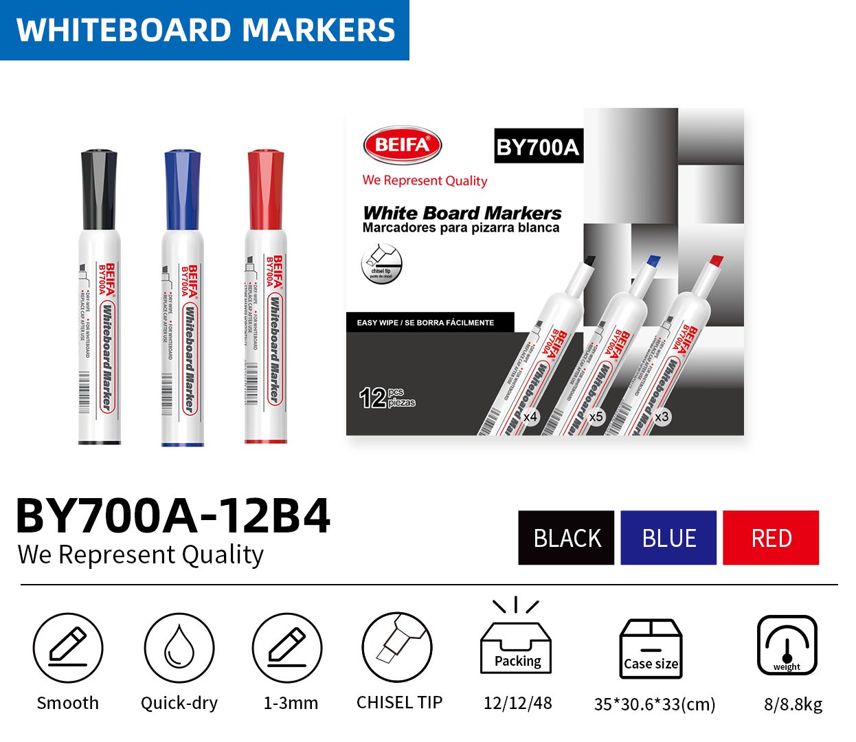 BEIFA BY700&BY700A Whiteboard Marker Set with Eraser Chisel Tip Dry Erase Markers | Mix Bulk