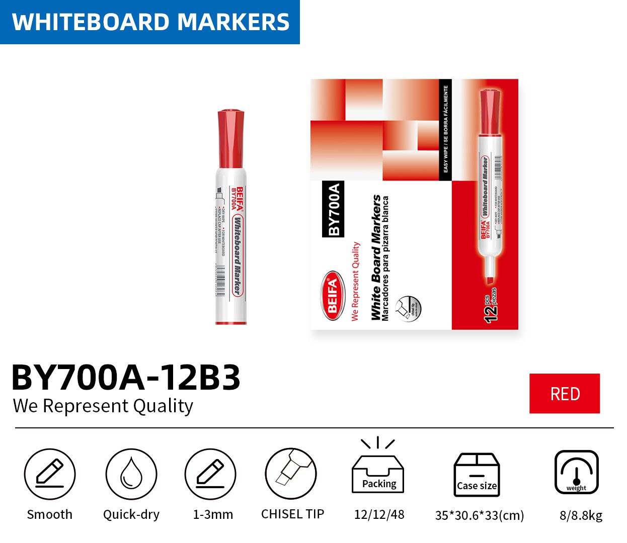 BEIFA BY700&BY700A Whiteboard Marker Set with Eraser Chisel Tip Dry Erase Markers | Mix Bulk