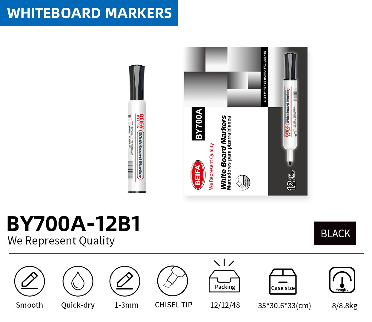 BEIFA BY700&BY700A Whiteboard Marker Set with Eraser Chisel Tip Dry Erase Markers | Mix Bulk
