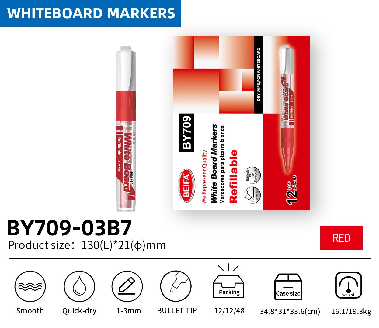 BEIFA BY709 Whiteboard Marker Set with Eraser Bullet Tip Dry Erase Markers | Mix Bulk