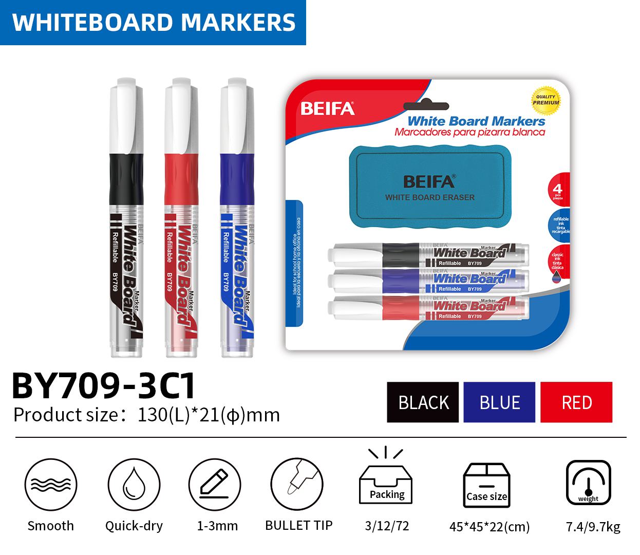 BEIFA BY709 Whiteboard Marker Set with Eraser Bullet Tip Dry Erase Markers | Mix Bulk