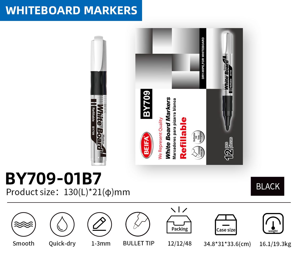 BEIFA BY709 Whiteboard Marker Set with Eraser Bullet Tip Dry Erase Markers | Mix Bulk