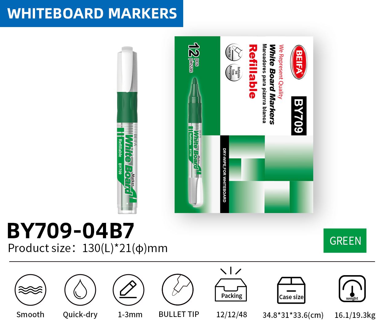 BEIFA BY709 Whiteboard Marker Set with Eraser Bullet Tip Dry Erase Markers | Mix Bulk