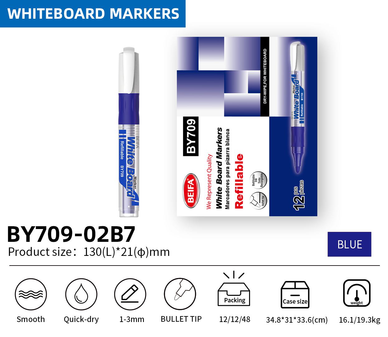 BEIFA BY709 Whiteboard Marker Set with Eraser Bullet Tip Dry Erase Markers | Mix Bulk