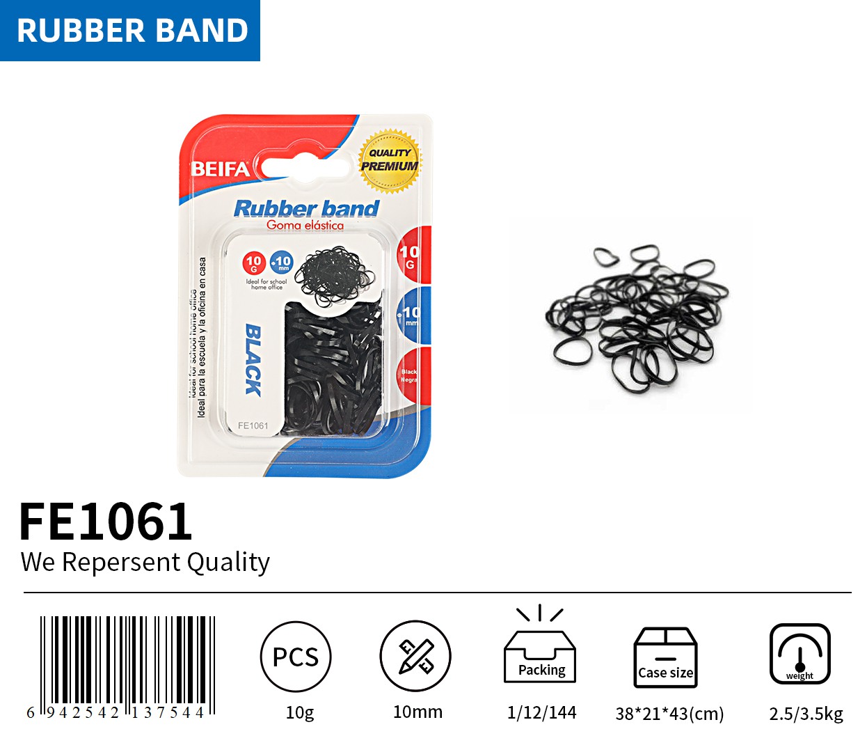 BEIFA FE1061 Black Rubber Bands 10mm Elastic Rubber Band Pack Wholesale | Mix Bulk