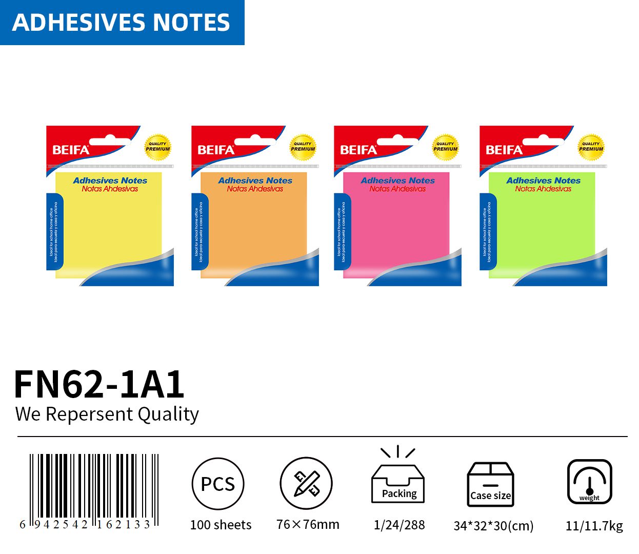 BEIFA Premium Adhesive Notes 75x75mm | Bright Sticky Pads for Office & School | Mix Bulk Wholesale