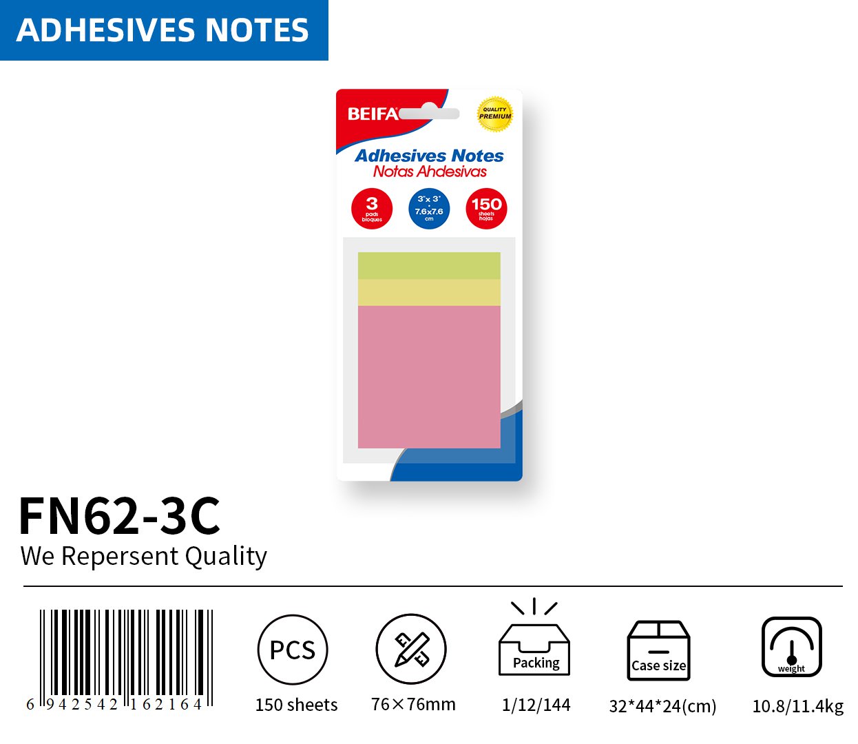 BEIFA Premium Adhesive Notes 75x75mm | Bright Sticky Pads for Office & School | Mix Bulk Wholesale