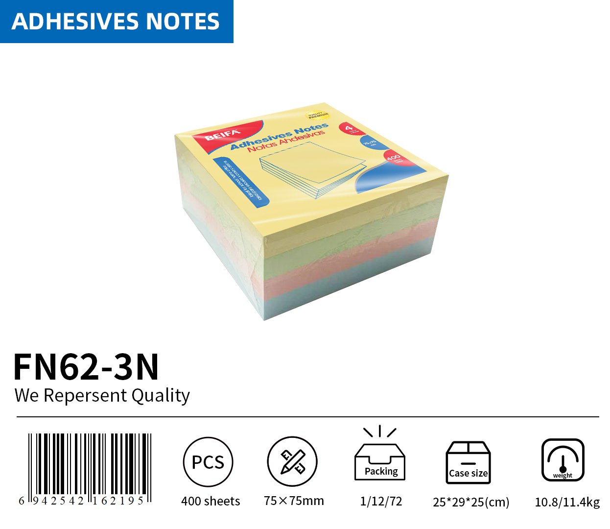 BEIFA Premium Adhesive Notes 75x75mm | Bright Sticky Pads for Office & School | Mix Bulk Wholesale