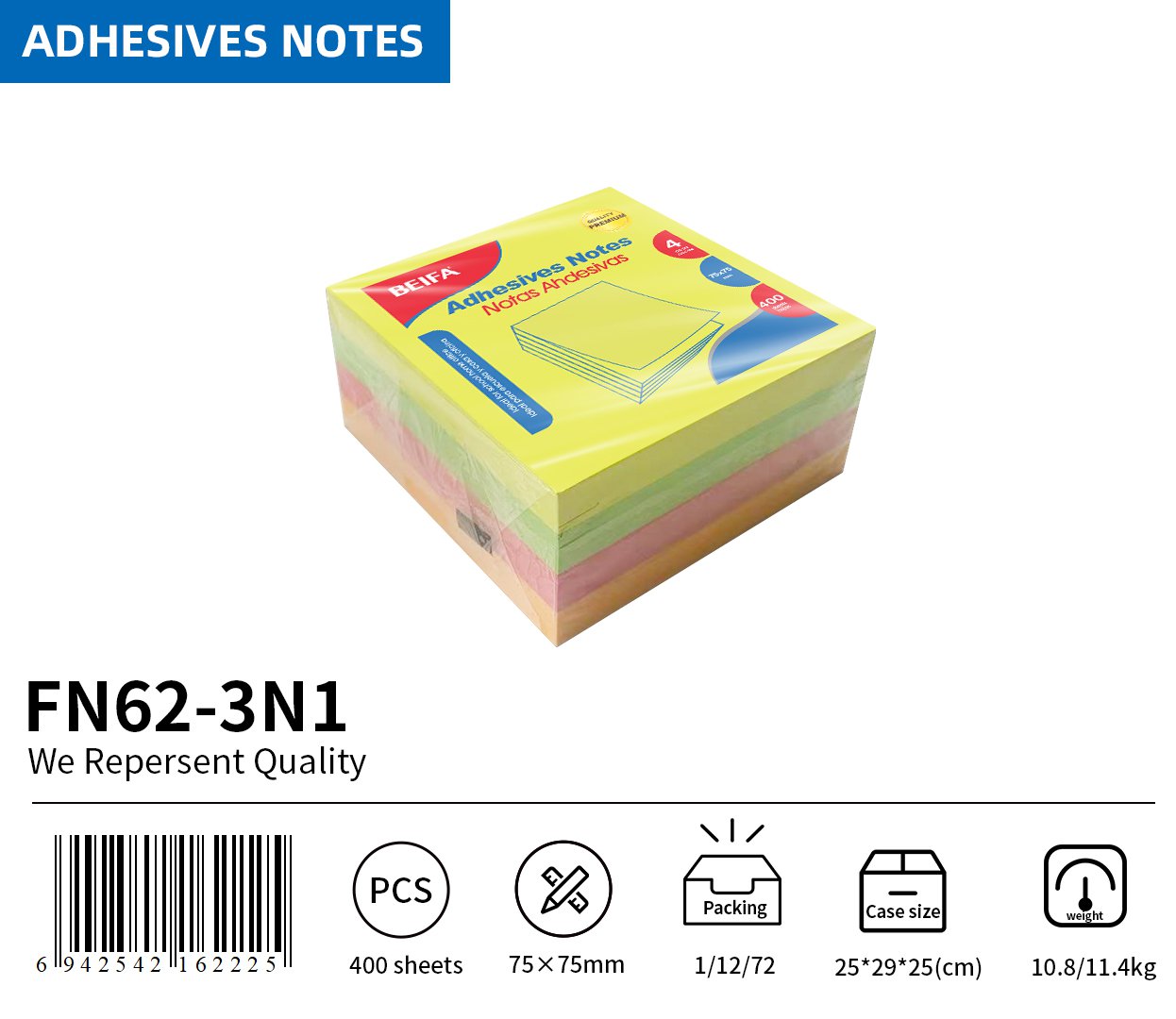 BEIFA Premium Adhesive Notes 75x75mm | Bright Sticky Pads for Office & School | Mix Bulk Wholesale