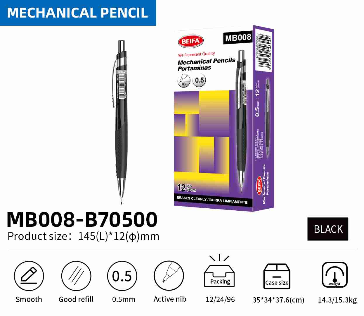 BEIFA MB008 Mechanical Pencil 0.5mm/0.7mm | Smooth Writing & Comfortable Grip | Mix Bulk Wholesale
