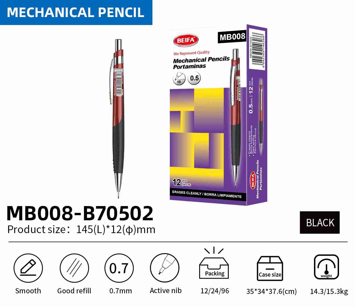 BEIFA MB008 Mechanical Pencil 0.5mm/0.7mm | Smooth Writing & Comfortable Grip | Mix Bulk Wholesale