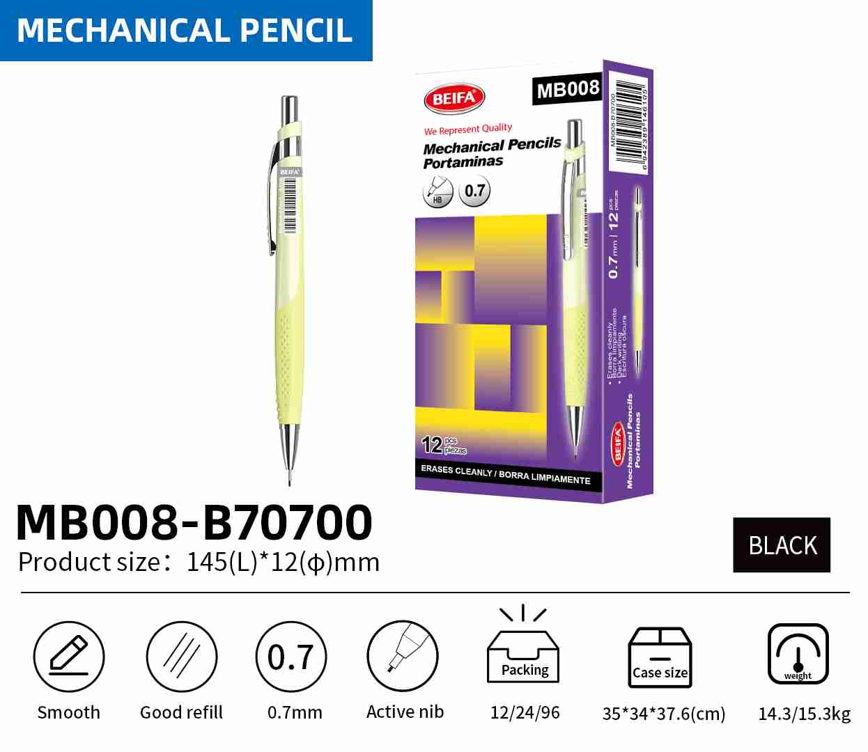 BEIFA MB008 Mechanical Pencil 0.5mm/0.7mm | Smooth Writing & Comfortable Grip | Mix Bulk Wholesale