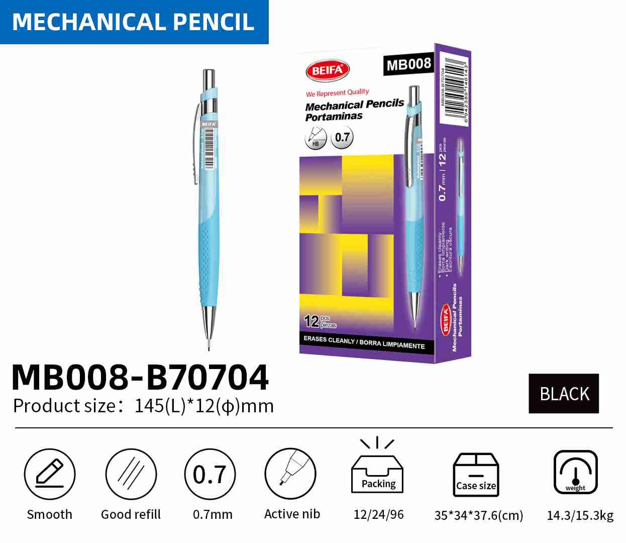 BEIFA MB008 Mechanical Pencil 0.5mm/0.7mm | Smooth Writing & Comfortable Grip | Mix Bulk Wholesale
