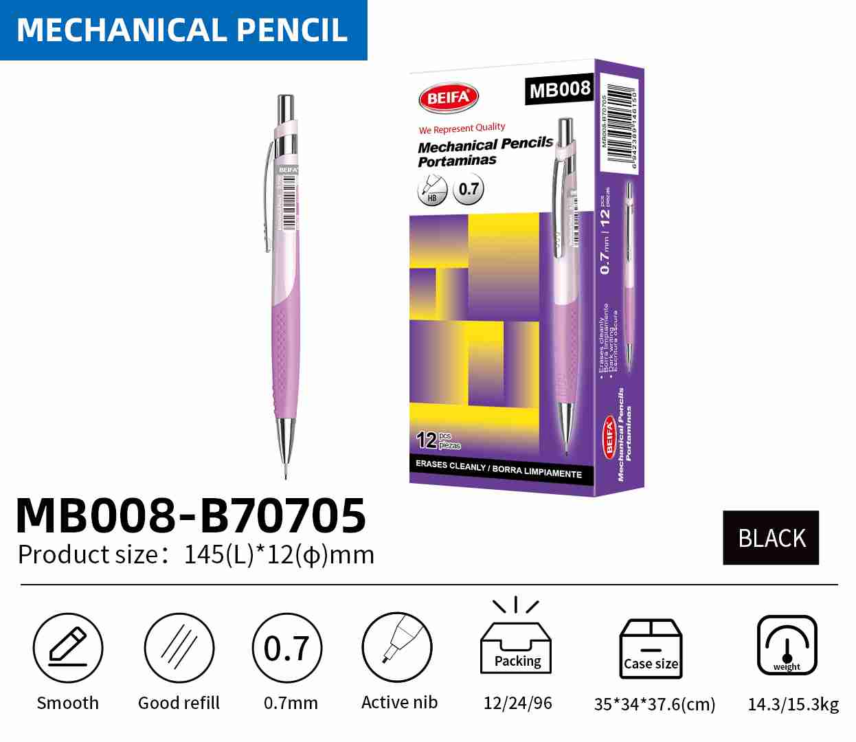 BEIFA MB008 Mechanical Pencil 0.5mm/0.7mm | Smooth Writing & Comfortable Grip | Mix Bulk Wholesale