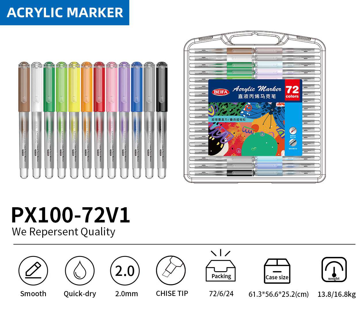 BEIFA PX100 Acrylic Marker Set 2.0mm Chisel Tip Multi-Color Paint Pens Wholesale | Mix Bulk