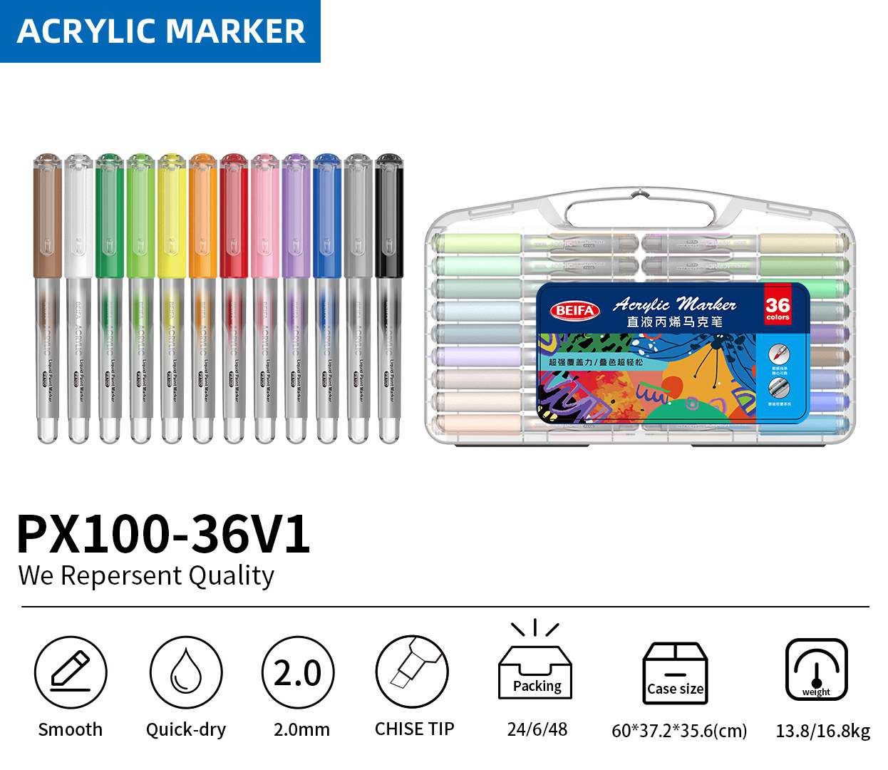 BEIFA PX100 Acrylic Marker Set 2.0mm Chisel Tip Multi-Color Paint Pens Wholesale | Mix Bulk